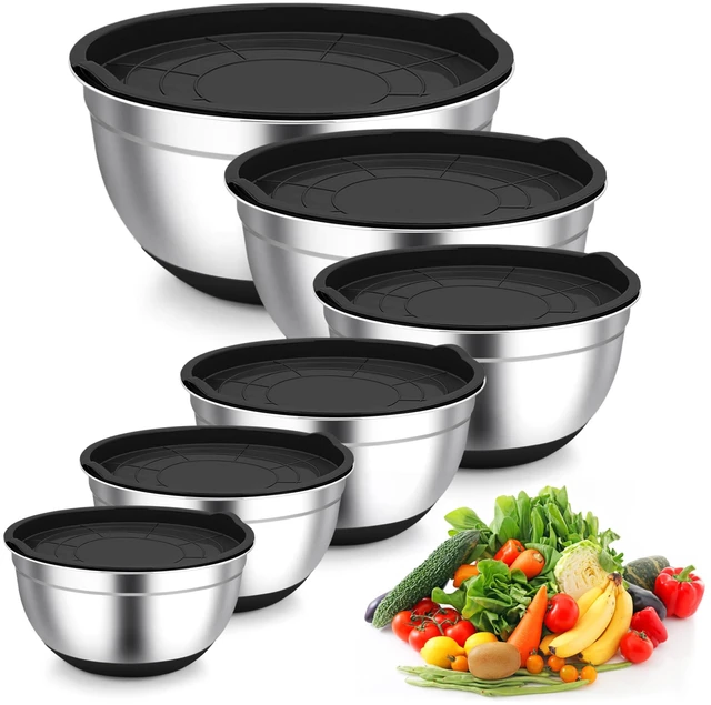 Main image of Mixing Bowls, Stainless Steel Salad Bowls with Lids - Black | Nesting Bowls with Non-slip Bottom, for Kitchen Baking Preparing Serving, Stackable & 6PCS - 4.6 /2.6 /2 / 1.5 /1 / 0.7 Qt
