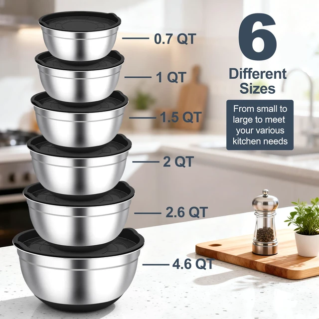 Alt view image 2 of 7 - Mixing Bowls, Stainless Steel Salad Bowls with Lids - Black | Nesting Bowls with Non-slip Bottom, for Kitchen Baking Preparing Serving, Stackable & 6PCS - 4.6 /2.6 /2 / 1.5 /1 / 0.7 Qt