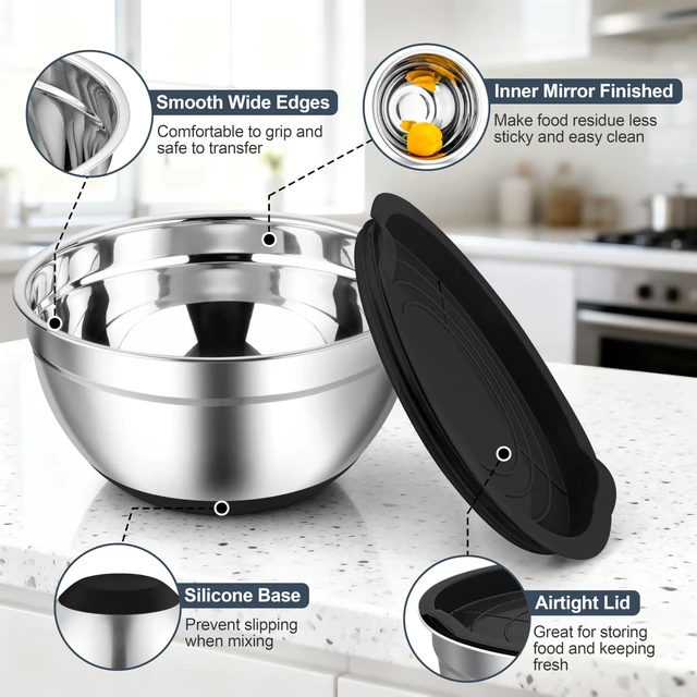 Alt view image 3 of 7 - Mixing Bowls, Stainless Steel Salad Bowls with Lids - Black | Nesting Bowls with Non-slip Bottom, for Kitchen Baking Preparing Serving, Stackable & 6PCS - 4.6 /2.6 /2 / 1.5 /1 / 0.7 Qt