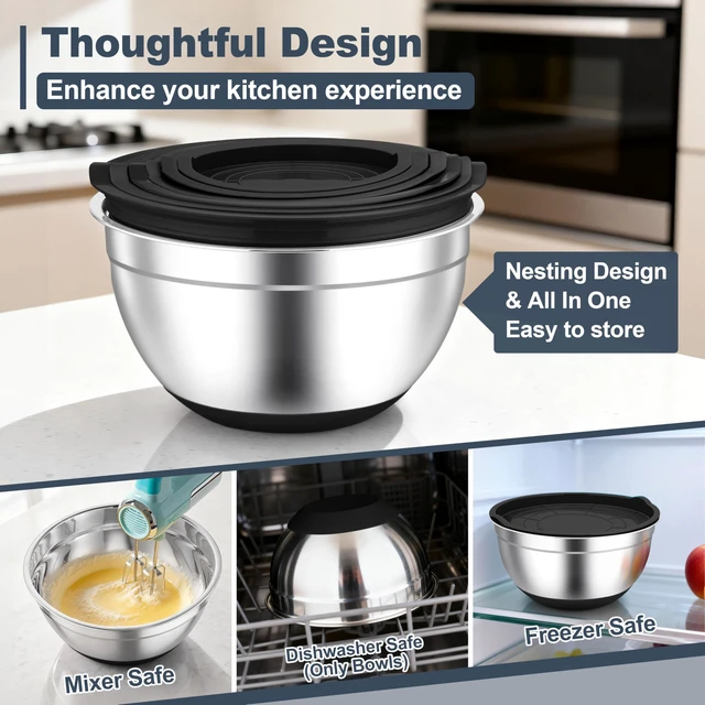 Alt view image 4 of 7 - Mixing Bowls, Stainless Steel Salad Bowls with Lids - Black | Nesting Bowls with Non-slip Bottom, for Kitchen Baking Preparing Serving, Stackable & 6PCS - 4.6 /2.6 /2 / 1.5 /1 / 0.7 Qt