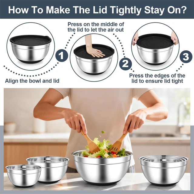 Alt view image 6 of 7 - Mixing Bowls, Stainless Steel Salad Bowls with Lids - Black | Nesting Bowls with Non-slip Bottom, for Kitchen Baking Preparing Serving, Stackable & 6PCS - 4.6 /2.6 /2 / 1.5 /1 / 0.7 Qt