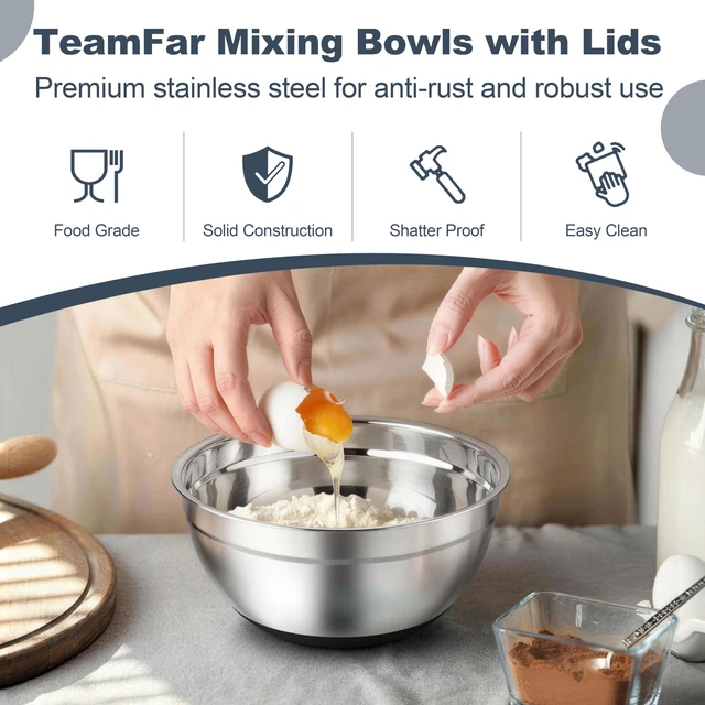 Alt view image 5 of 7 - Mixing Bowls, Stainless Steel Salad Bowls with Lids - Black | Nesting Bowls with Non-slip Bottom, for Kitchen Baking Preparing Serving, Stackable & 6PCS - 4.6 /2.6 /2 / 1.5 /1 / 0.7 Qt