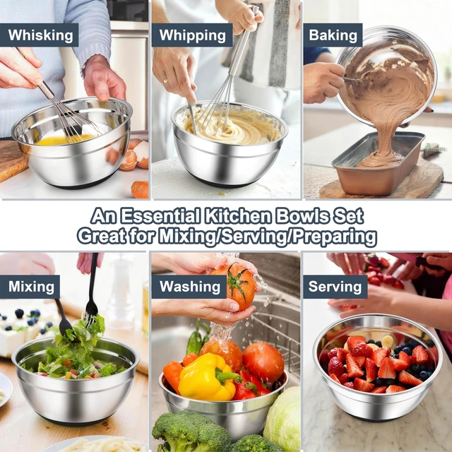 Alt view image 7 of 7 - Mixing Bowls, Stainless Steel Salad Bowls with Lids - Black | Nesting Bowls with Non-slip Bottom, for Kitchen Baking Preparing Serving, Stackable & 6PCS - 4.6 /2.6 /2 / 1.5 /1 / 0.7 Qt