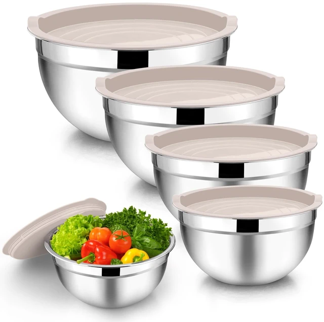 Main image of Mixing Bowls Set of 5, Stainless Steel Metal Salad Bowls with Lids | 4.5/3/1.5/1/0.7 QT, Nesting Bowls, Ideal for Mixing Prepping Serving, Non-Toxic & Sturdy, Airtight Lid & Easy Clean, Khaki
