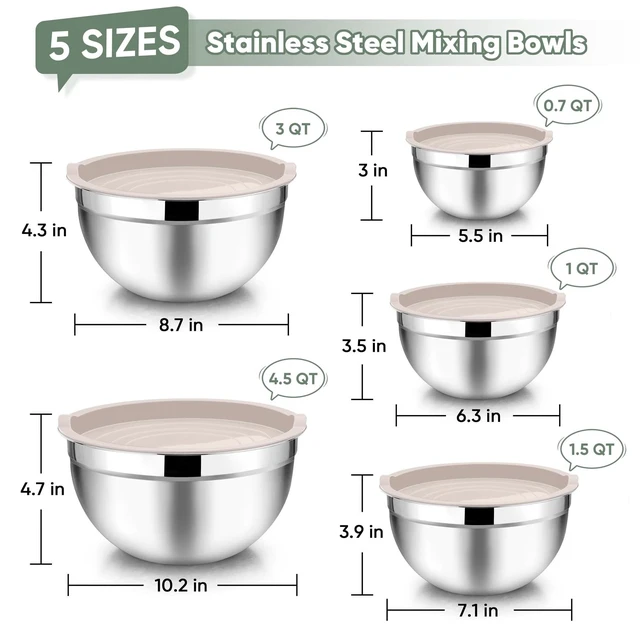 Alt view image 2 of 7 - Mixing Bowls Set of 5, Stainless Steel Metal Salad Bowls with Lids | 4.5/3/1.5/1/0.7 QT, Nesting Bowls, Ideal for Mixing Prepping Serving, Non-Toxic & Sturdy, Airtight Lid & Easy Clean, Khaki