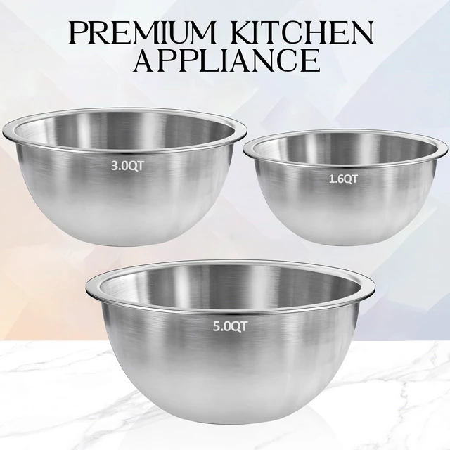 Alt view image 2 of 7 - Stainless Steel Mixing Bowls, Large Bowl Set of 3 | Big Metal Bowl 5QT + 3QT + 1.6QT for Kitchen, Salad, Prep, Serving, Food Storage & Cooking