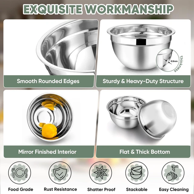 Alt view image 4 of 7 - Mixing Bowls Set of 5, Stainless Steel Metal Salad Bowls with Lids | 4.5/3/1.5/1/0.7 QT, Nesting Bowls, Ideal for Mixing Prepping Serving, Non-Toxic & Sturdy, Airtight Lid & Easy Clean, Khaki