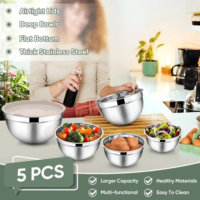 Alt view image 3 of 7 - Mixing Bowls Set of 5, Stainless Steel Metal Salad Bowls with Lids | 4.5/3/1.5/1/0.7 QT, Nesting Bowls, Ideal for Mixing Prepping Serving, Non-Toxic & Sturdy, Airtight Lid & Easy Clean, Khaki