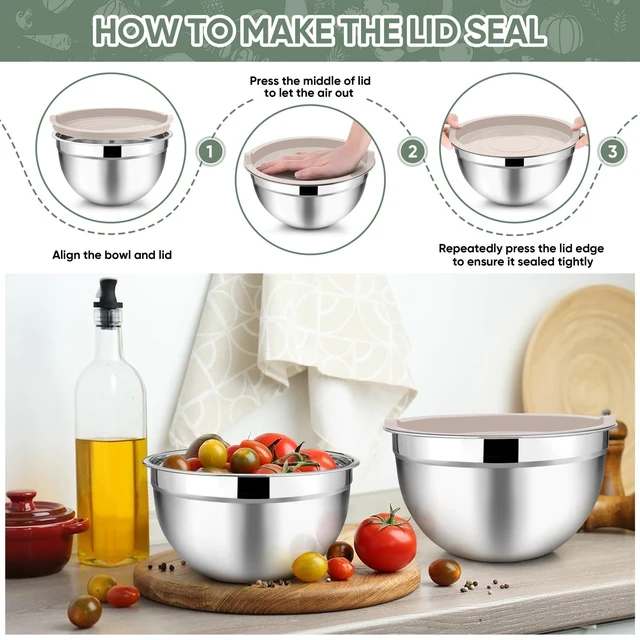 Alt view image 6 of 7 - Mixing Bowls Set of 5, Stainless Steel Metal Salad Bowls with Lids | 4.5/3/1.5/1/0.7 QT, Nesting Bowls, Ideal for Mixing Prepping Serving, Non-Toxic & Sturdy, Airtight Lid & Easy Clean, Khaki