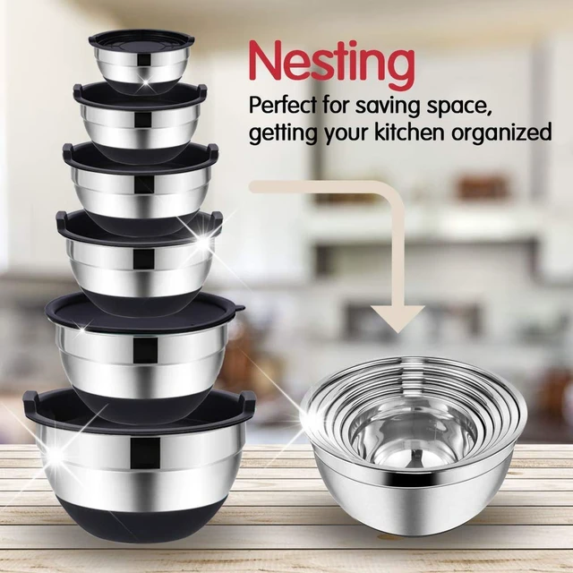 Alt view image 3 of 6 - Rottay 20PCS Stainless Steel Mixing Bowls with Airtight Lids Set | Includes 3 Grater Attachments and Non-Slip Bottoms with Size 7, 4, 3, 2, 1.5, 1QT Nesting Bowls for Baking, Meal Prep