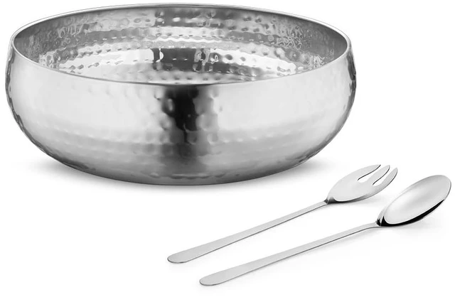 Main image of Set of 3 Premium Stainless Steel Salad Mixing Bowl Hammered Finish | Handmade | Includes Salad Serving Utensils (Stainless Steel)