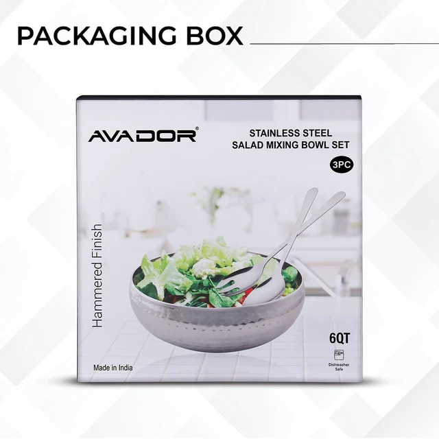 Alt view image 3 of 7 - Set of 3 Premium Stainless Steel Salad Mixing Bowl Hammered Finish | Handmade | Includes Salad Serving Utensils (Stainless Steel)