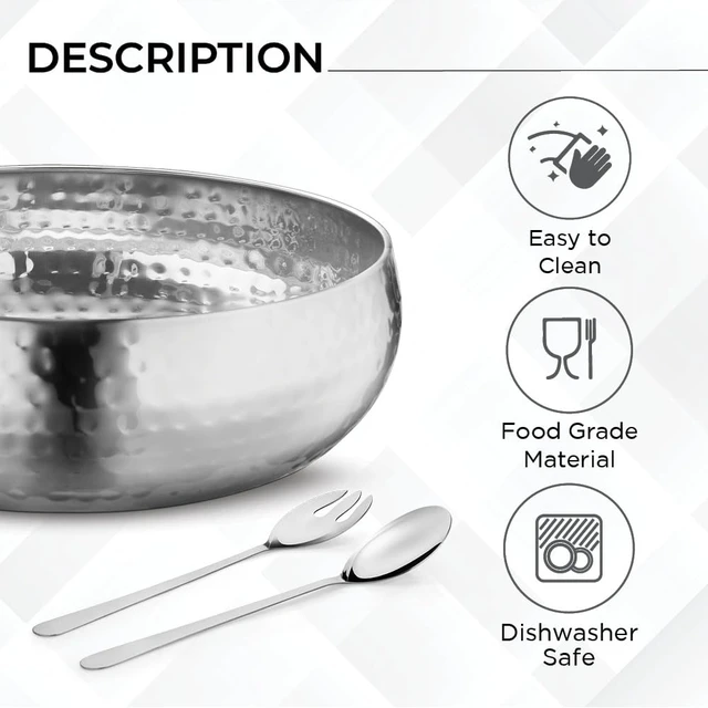 Alt view image 4 of 7 - Set of 3 Premium Stainless Steel Salad Mixing Bowl Hammered Finish | Handmade | Includes Salad Serving Utensils (Stainless Steel)