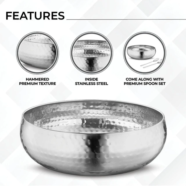 Alt view image 5 of 7 - Set of 3 Premium Stainless Steel Salad Mixing Bowl Hammered Finish | Handmade | Includes Salad Serving Utensils (Stainless Steel)