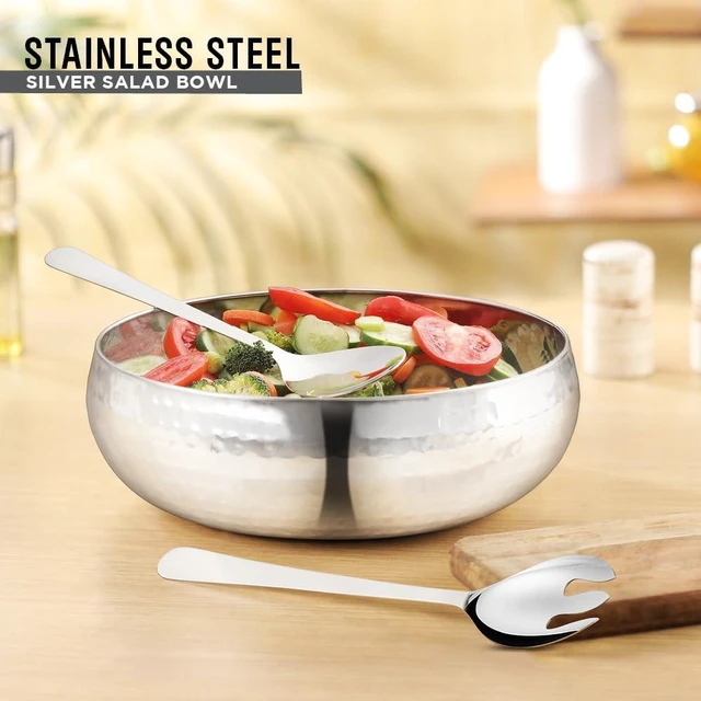 Alt view image 6 of 7 - Set of 3 Premium Stainless Steel Salad Mixing Bowl Hammered Finish | Handmade | Includes Salad Serving Utensils (Stainless Steel)