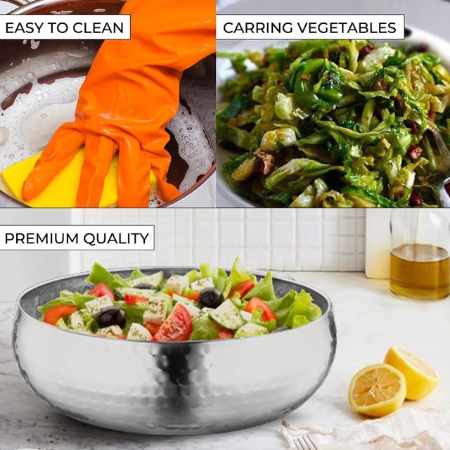 Alt view image 7 of 7 - Set of 3 Premium Stainless Steel Salad Mixing Bowl Hammered Finish | Handmade | Includes Salad Serving Utensils (Stainless Steel)