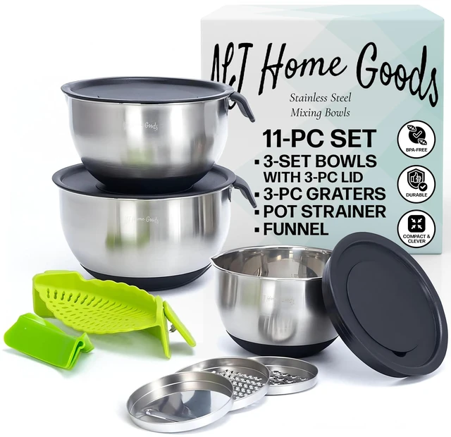 Main image of Homeware Stainless Steel Mixing Bowl With Lids Set Handles for Holidays: Gift Set For Kitchen With Pour Spout Non Slip Silicone Base On Bowls Strainer Graters For Kitchen