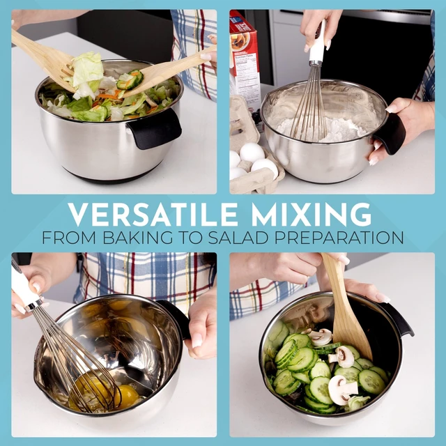 Alt view image 2 of 7 - Homeware Stainless Steel Mixing Bowl With Lids Set Handles for Holidays: Gift Set For Kitchen With Pour Spout Non Slip Silicone Base On Bowls Strainer Graters For Kitchen