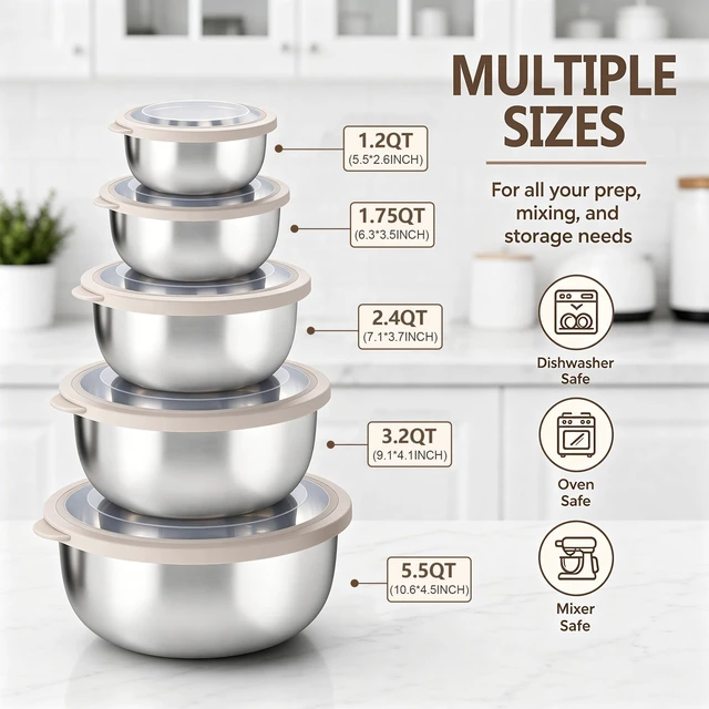 Alt view image 2 of 7 - Mixing Bowls with Lids Set of 5, Stainless Steel Nesting Salad Bowls | Metal Bowls for Cooking Prepping Serving, Airtight Clear Lid & Wide Bowl, Dishwasher Safe, Size 5.5/3.2/2.4/1.7/1.2 QT, Khaki