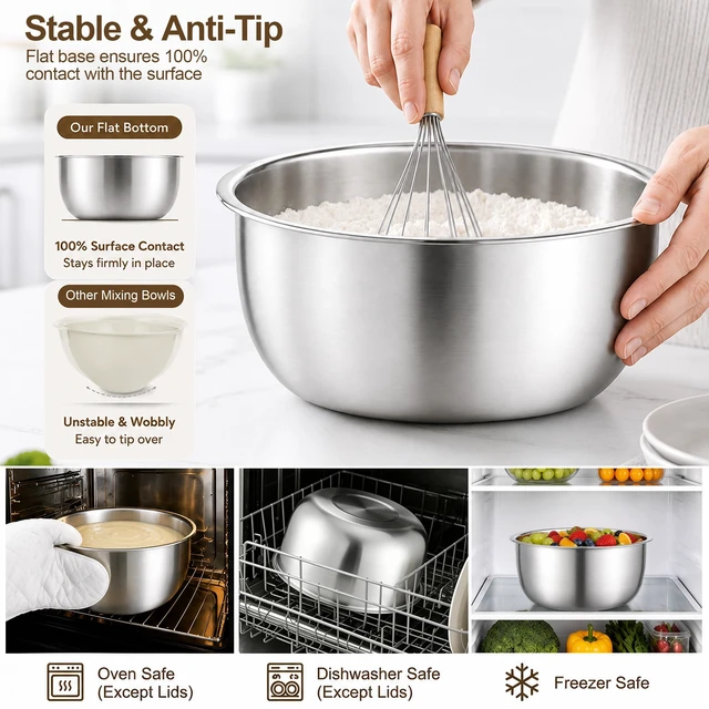 Alt view image 3 of 7 - Mixing Bowls with Lids Set of 5, Stainless Steel Nesting Salad Bowls | Metal Bowls for Cooking Prepping Serving, Airtight Clear Lid & Wide Bowl, Dishwasher Safe, Size 5.5/3.2/2.4/1.7/1.2 QT, Khaki