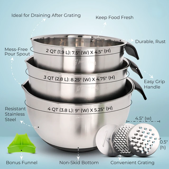 Alt view image 5 of 7 - Homeware Stainless Steel Mixing Bowl With Lids Set Handles for Holidays: Gift Set For Kitchen With Pour Spout Non Slip Silicone Base On Bowls Strainer Graters For Kitchen