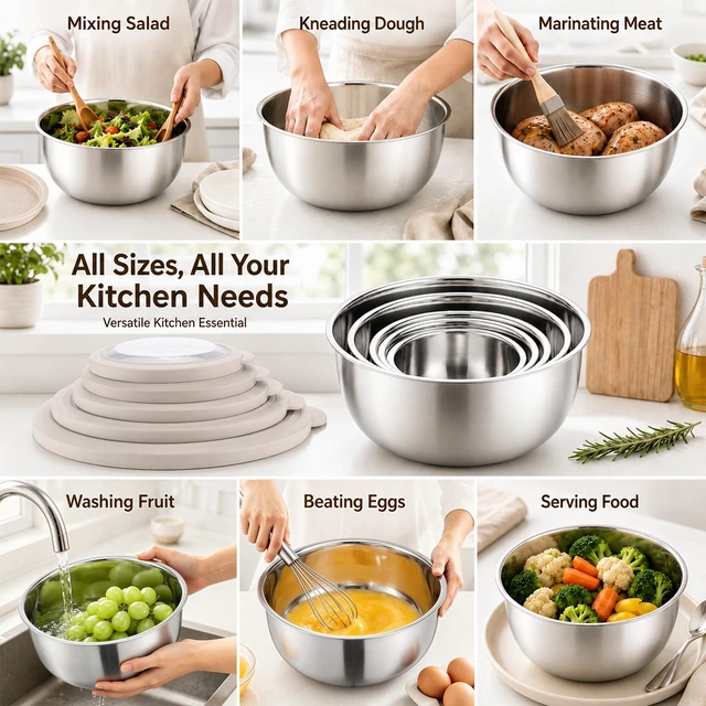Alt view image 4 of 7 - Mixing Bowls with Lids Set of 5, Stainless Steel Nesting Salad Bowls | Metal Bowls for Cooking Prepping Serving, Airtight Clear Lid & Wide Bowl, Dishwasher Safe, Size 5.5/3.2/2.4/1.7/1.2 QT, Khaki