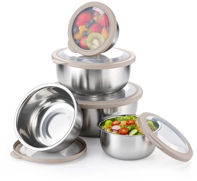Main image of Mixing Bowls with Lids Set of 5, Stainless Steel Nesting Salad Bowls | Metal Bowls for Cooking Prepping Serving, Airtight Clear Lid & Wide Bowl, Dishwasher Safe, Size 5.5/3.2/2.4/1.7/1.2 QT, Khaki