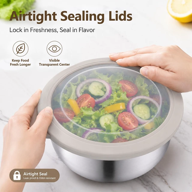 Alt view image 5 of 7 - Mixing Bowls with Lids Set of 5, Stainless Steel Nesting Salad Bowls | Metal Bowls for Cooking Prepping Serving, Airtight Clear Lid & Wide Bowl, Dishwasher Safe, Size 5.5/3.2/2.4/1.7/1.2 QT, Khaki
