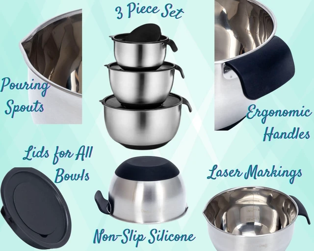 Alt view image 7 of 7 - Homeware Stainless Steel Mixing Bowl With Lids Set Handles for Holidays: Gift Set For Kitchen With Pour Spout Non Slip Silicone Base On Bowls Strainer Graters For Kitchen