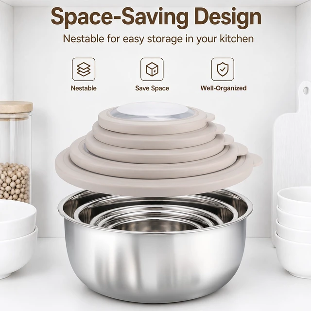 Alt view image 6 of 7 - Mixing Bowls with Lids Set of 5, Stainless Steel Nesting Salad Bowls | Metal Bowls for Cooking Prepping Serving, Airtight Clear Lid & Wide Bowl, Dishwasher Safe, Size 5.5/3.2/2.4/1.7/1.2 QT, Khaki