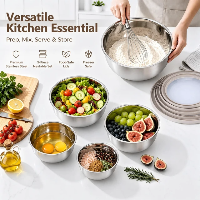 Alt view image 7 of 7 - Mixing Bowls with Lids Set of 5, Stainless Steel Nesting Salad Bowls | Metal Bowls for Cooking Prepping Serving, Airtight Clear Lid & Wide Bowl, Dishwasher Safe, Size 5.5/3.2/2.4/1.7/1.2 QT, Khaki