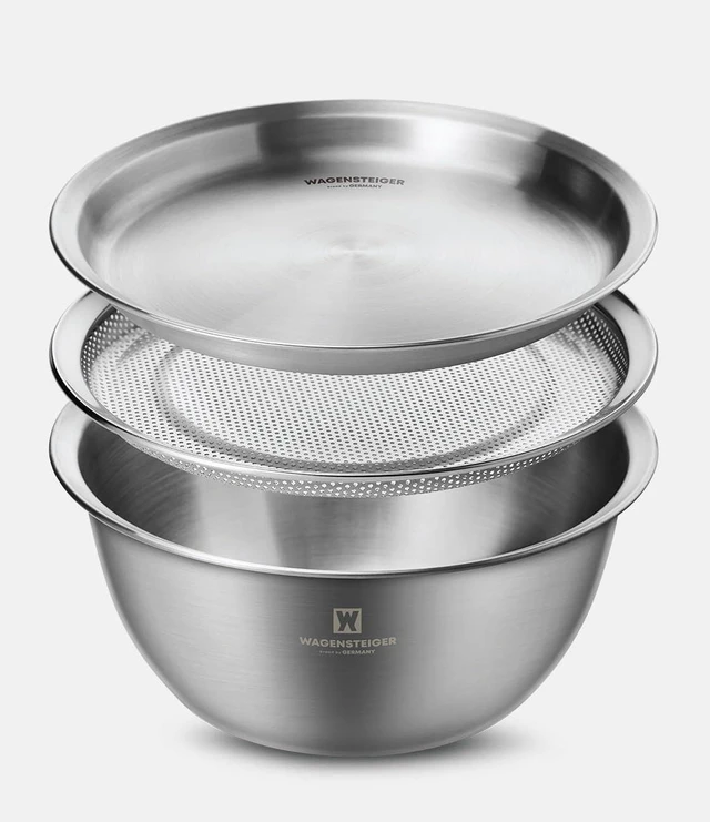 Main image of 3-Piece Stainless Steel Mixing Bowl Set with Strainer & Oil Drain Tray Nesting Prep & Baking Bowls with Measurement Marks (8.66 in)