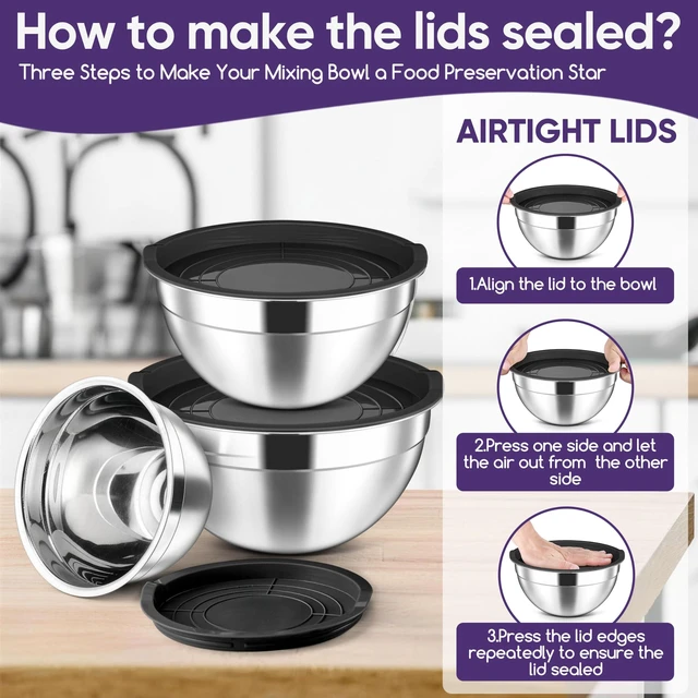 Alt view image 3 of 7 - Stainless Steel Mixing Bowls with Lids Set of 3, 1.5/3/4.6Qt, Black | Nesting Serving Salad Bowls for Kitchen, Ideal for Baking, Storage, Prepping & Cooking, Easy Cleaning