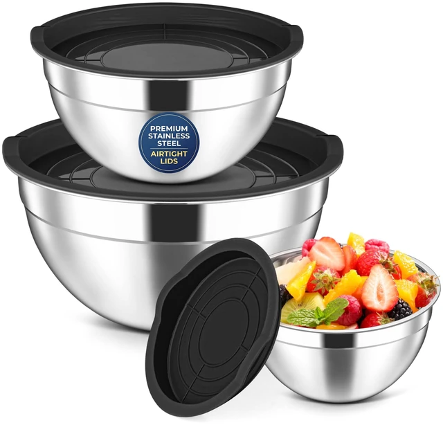 Main image of Stainless Steel Mixing Bowls with Lids Set of 3, 1.5/3/4.6Qt, Black | Nesting Serving Salad Bowls for Kitchen, Ideal for Baking, Storage, Prepping & Cooking, Easy Cleaning