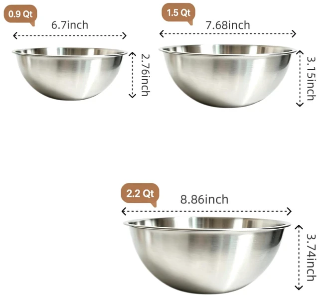 Alt view image 2 of 7 - Stainless Steel Mixing Bowls Set, 3Piece for Baking and Cooking, Nestable Stackable Bowls, Dishwasher Safe(0.9, 1.5 & 2.2 Qt)