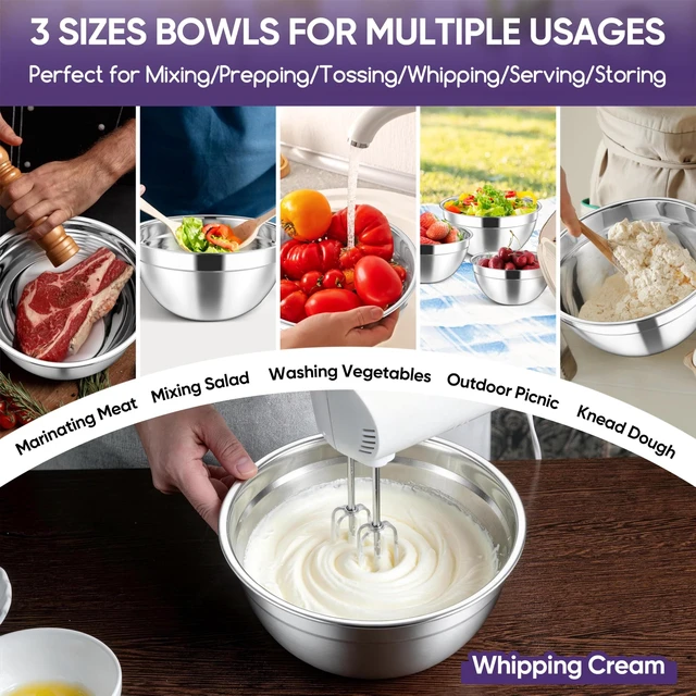 Alt view image 4 of 7 - Stainless Steel Mixing Bowls with Lids Set of 3, 1.5/3/4.6Qt, Black | Nesting Serving Salad Bowls for Kitchen, Ideal for Baking, Storage, Prepping & Cooking, Easy Cleaning