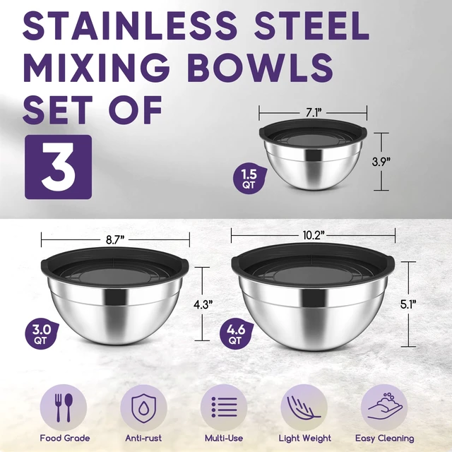 Alt view image 2 of 7 - Stainless Steel Mixing Bowls with Lids Set of 3, 1.5/3/4.6Qt, Black | Nesting Serving Salad Bowls for Kitchen, Ideal for Baking, Storage, Prepping & Cooking, Easy Cleaning