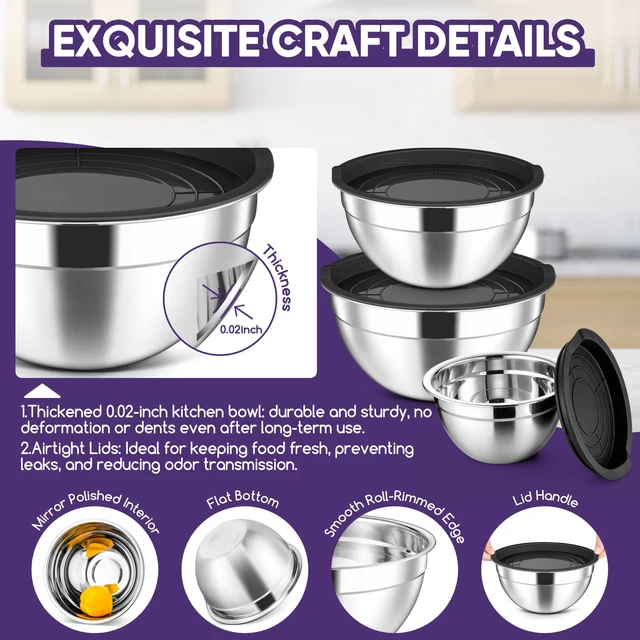 Alt view image 5 of 7 - Stainless Steel Mixing Bowls with Lids Set of 3, 1.5/3/4.6Qt, Black | Nesting Serving Salad Bowls for Kitchen, Ideal for Baking, Storage, Prepping & Cooking, Easy Cleaning