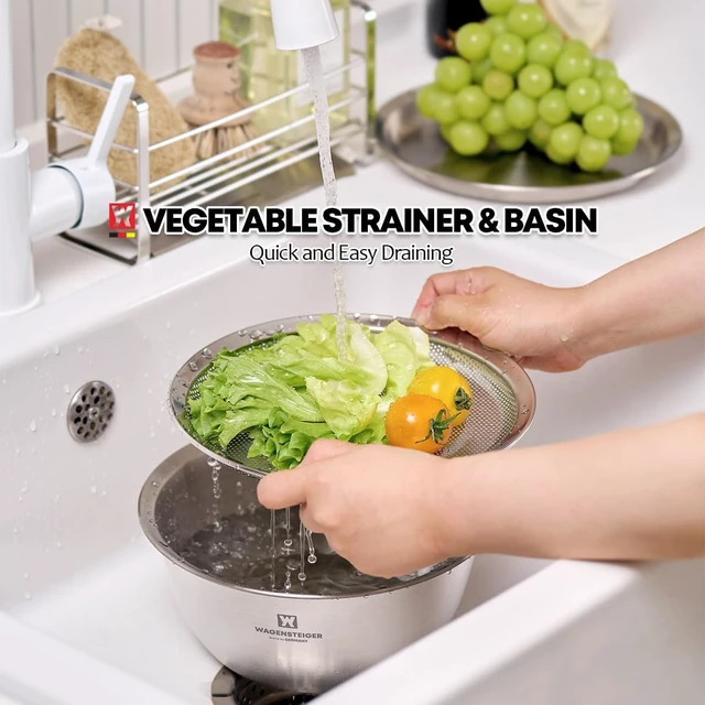 Alt view image 3 of 7 - 3-Piece Stainless Steel Mixing Bowl Set with Strainer & Oil Drain Tray Nesting Prep & Baking Bowls with Measurement Marks (8.66 in)