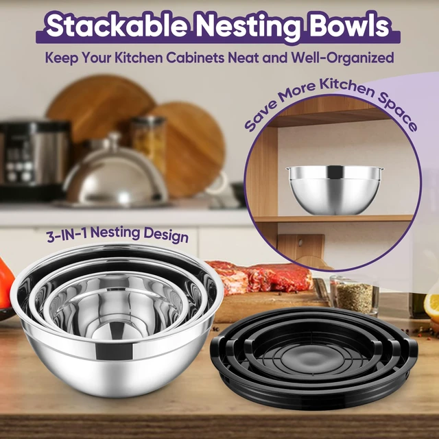 Alt view image 6 of 7 - Stainless Steel Mixing Bowls with Lids Set of 3, 1.5/3/4.6Qt, Black | Nesting Serving Salad Bowls for Kitchen, Ideal for Baking, Storage, Prepping & Cooking, Easy Cleaning