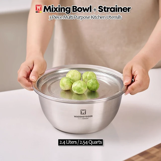 Alt view image 6 of 7 - 3-Piece Stainless Steel Mixing Bowl Set with Strainer & Oil Drain Tray Nesting Prep & Baking Bowls with Measurement Marks (8.66 in)