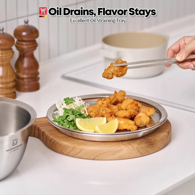 Alt view image 2 of 7 - 3-Piece Stainless Steel Mixing Bowl Set with Strainer & Oil Drain Tray Nesting Prep & Baking Bowls with Measurement Marks (8.66 in)