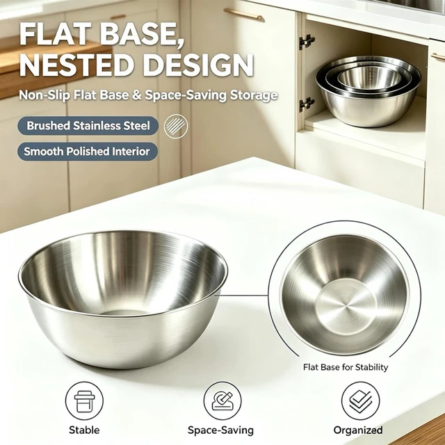 Alt view image 6 of 7 - Stainless Steel Mixing Bowls Set, 3Piece for Baking and Cooking, Nestable Stackable Bowls, Dishwasher Safe(0.9, 1.5 & 2.2 Qt)