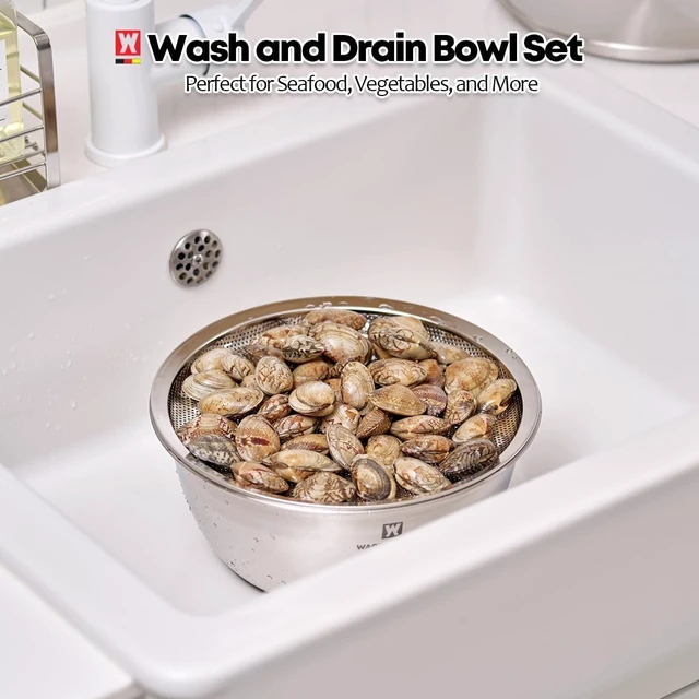 Alt view image 7 of 7 - 3-Piece Stainless Steel Mixing Bowl Set with Strainer & Oil Drain Tray Nesting Prep & Baking Bowls with Measurement Marks (8.66 in)
