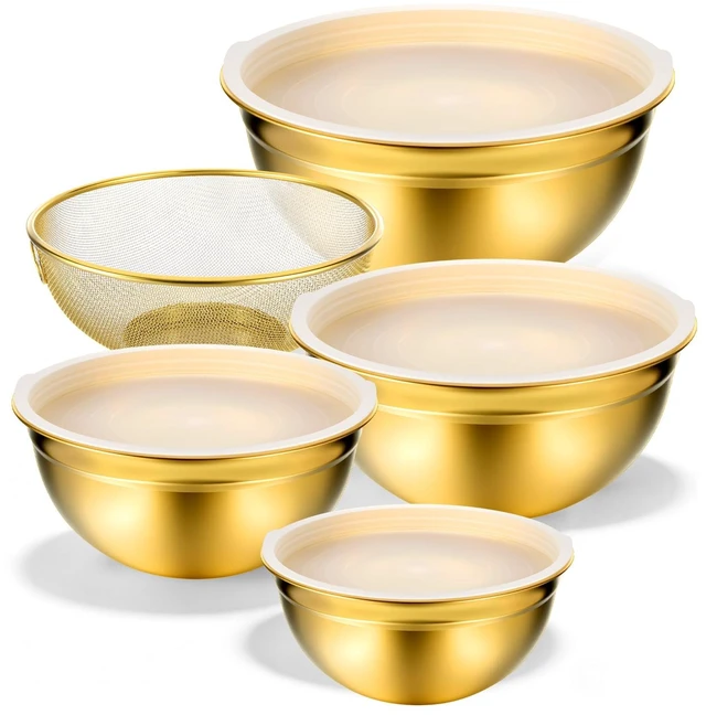 Main image of 5 Pack Gold Mixing Bowls with Airtight Lids, Stainless Steel Mixing Bowl Set with Colander, Gold Nested Bowl, Metal Nesting Organizers, for Baking Prepping and Serving Food, Size 1.5, 2.0, 2.5, 4.0 Qt