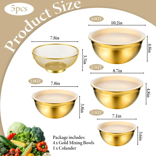 Alt view image 2 of 7 - 5 Pack Gold Mixing Bowls with Airtight Lids, Stainless Steel Mixing Bowl Set with Colander, Gold Nested Bowl, Metal Nesting Organizers, for Baking Prepping and Serving Food, Size 1.5, 2.0, 2.5, 4.0 Qt