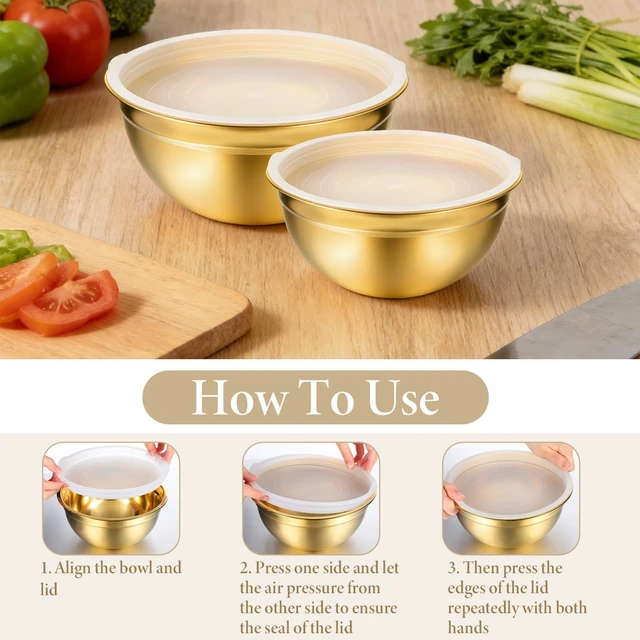 Alt view image 4 of 7 - 5 Pack Gold Mixing Bowls with Airtight Lids, Stainless Steel Mixing Bowl Set with Colander, Gold Nested Bowl, Metal Nesting Organizers, for Baking Prepping and Serving Food, Size 1.5, 2.0, 2.5, 4.0 Qt
