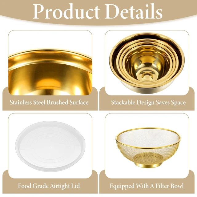 Alt view image 3 of 7 - 5 Pack Gold Mixing Bowls with Airtight Lids, Stainless Steel Mixing Bowl Set with Colander, Gold Nested Bowl, Metal Nesting Organizers, for Baking Prepping and Serving Food, Size 1.5, 2.0, 2.5, 4.0 Qt