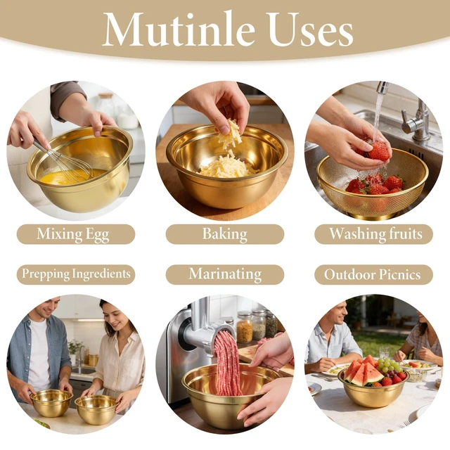 Alt view image 5 of 7 - 5 Pack Gold Mixing Bowls with Airtight Lids, Stainless Steel Mixing Bowl Set with Colander, Gold Nested Bowl, Metal Nesting Organizers, for Baking Prepping and Serving Food, Size 1.5, 2.0, 2.5, 4.0 Qt