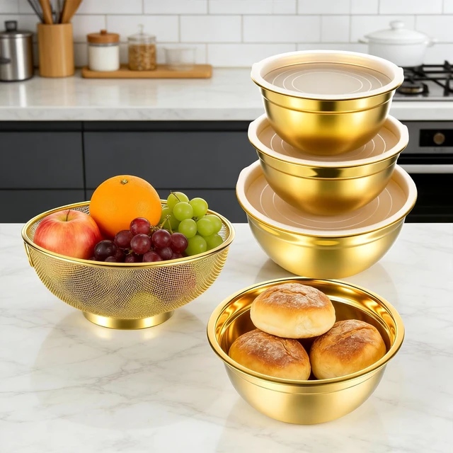 Alt view image 6 of 7 - 5 Pack Gold Mixing Bowls with Airtight Lids, Stainless Steel Mixing Bowl Set with Colander, Gold Nested Bowl, Metal Nesting Organizers, for Baking Prepping and Serving Food, Size 1.5, 2.0, 2.5, 4.0 Qt